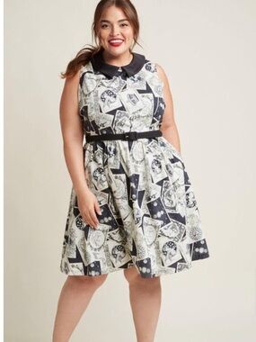 ModCloth Celestial Tarot Sleeveless Collared Fit-and-Flare Dress Black Cream